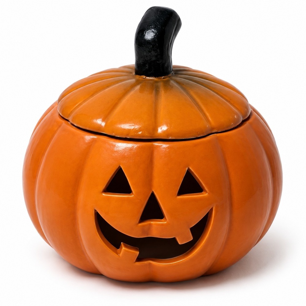 Ceramic Jack O Lantern Pumpkin Votive Candle Holder Halloween Lidded Jar VTG